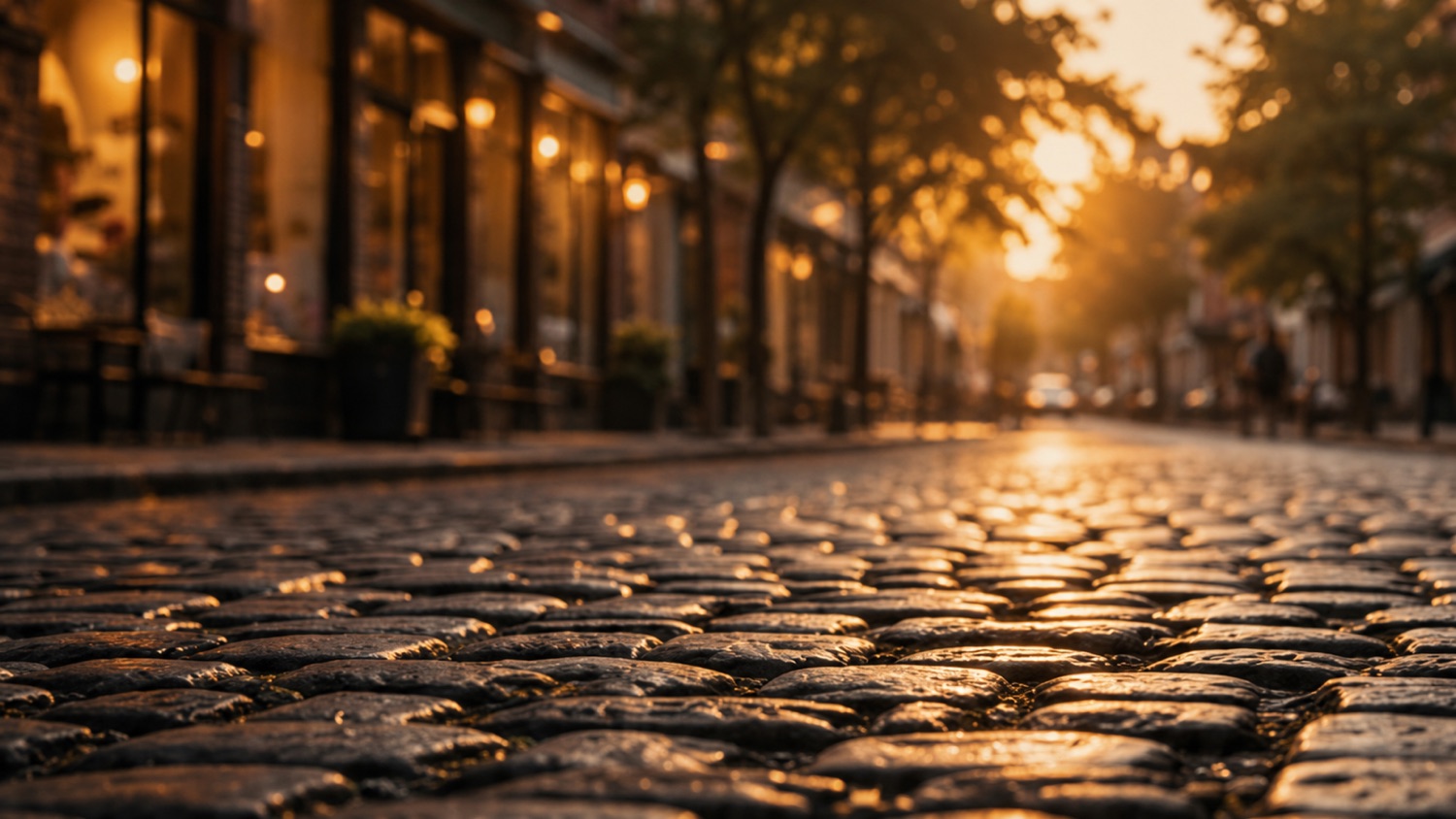 A cobblestone street at golden hour